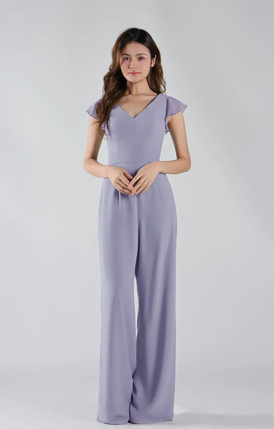 V-Neck Flutter Sleeves Wide-Leg Chiffon Jumpsuit