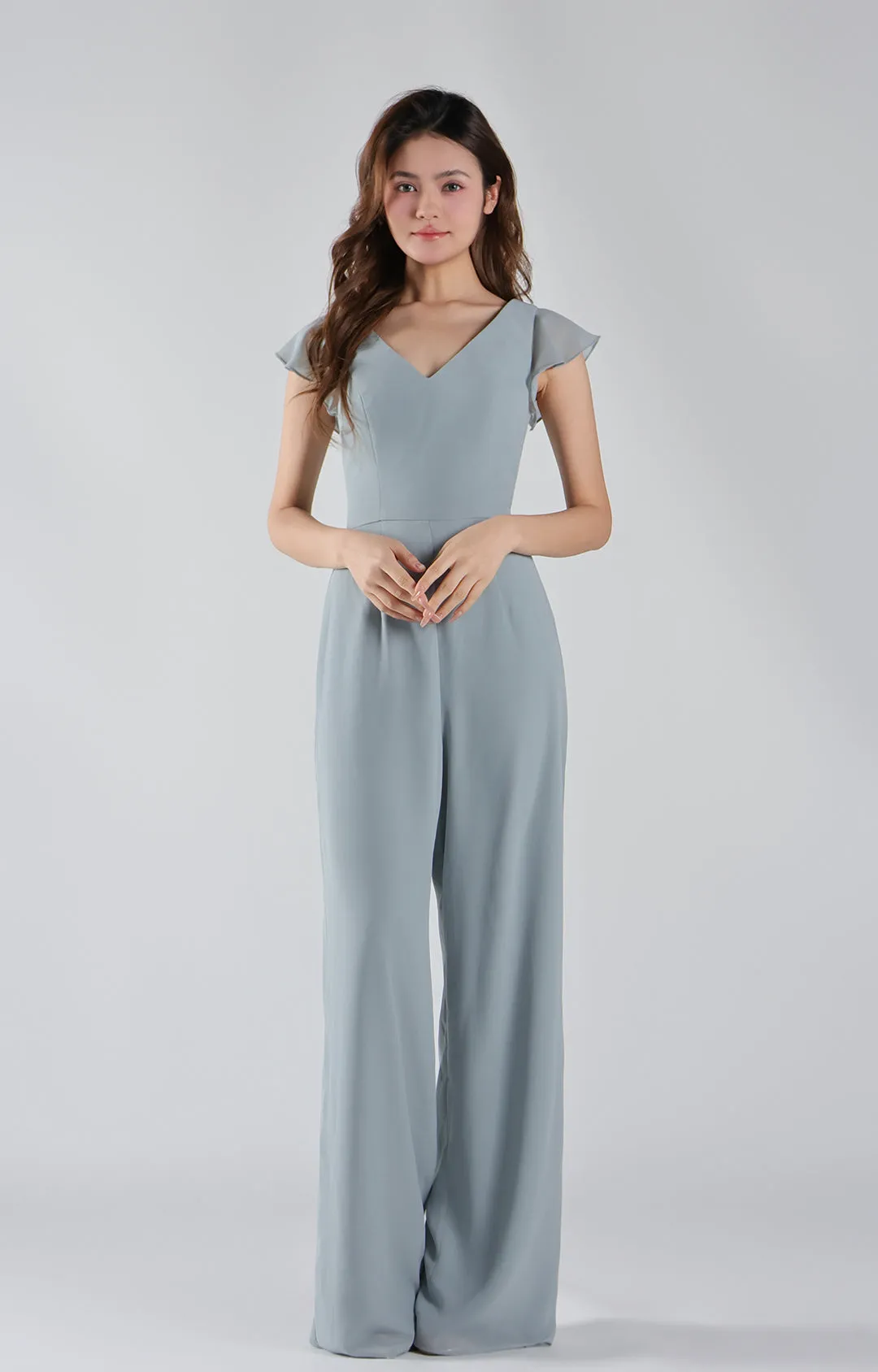 V-Neck Flutter Sleeves Wide-Leg Chiffon Jumpsuit