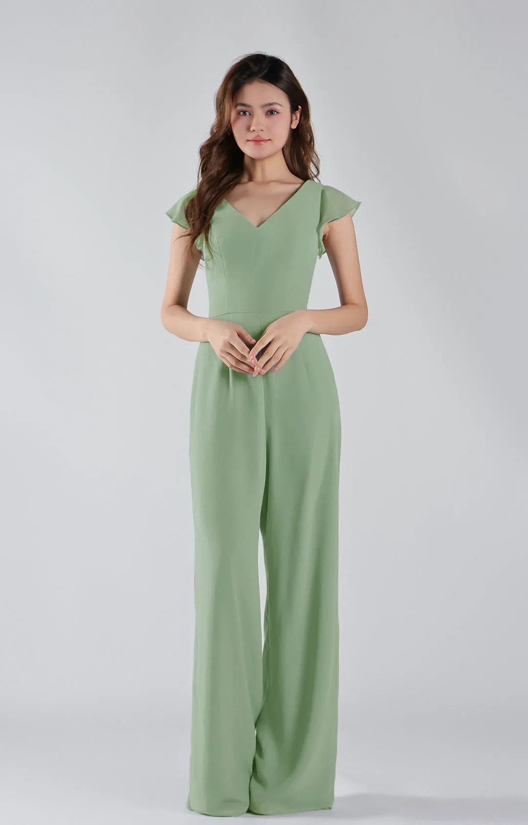 V-Neck Flutter Sleeves Wide-Leg Chiffon Jumpsuit