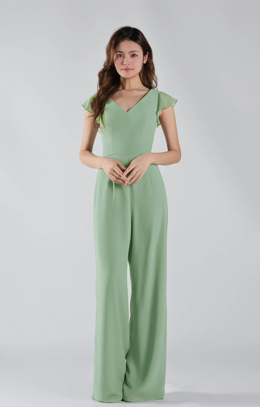 V-Neck Flutter Sleeves Wide-Leg Chiffon Jumpsuit