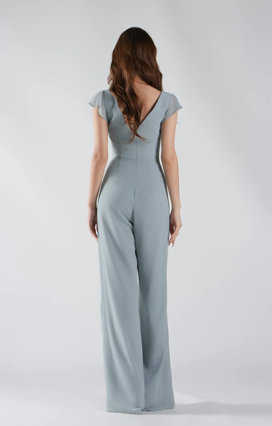 V-Neck Flutter Sleeves Wide-Leg Chiffon Jumpsuit
