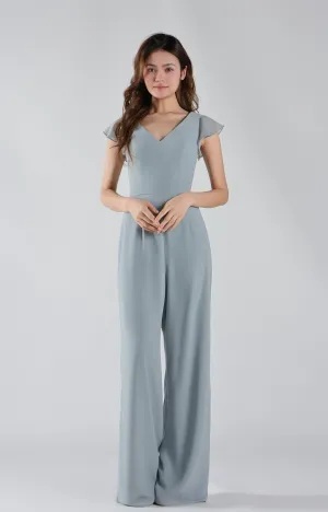V-Neck Flutter Sleeves Wide-Leg Chiffon Jumpsuit