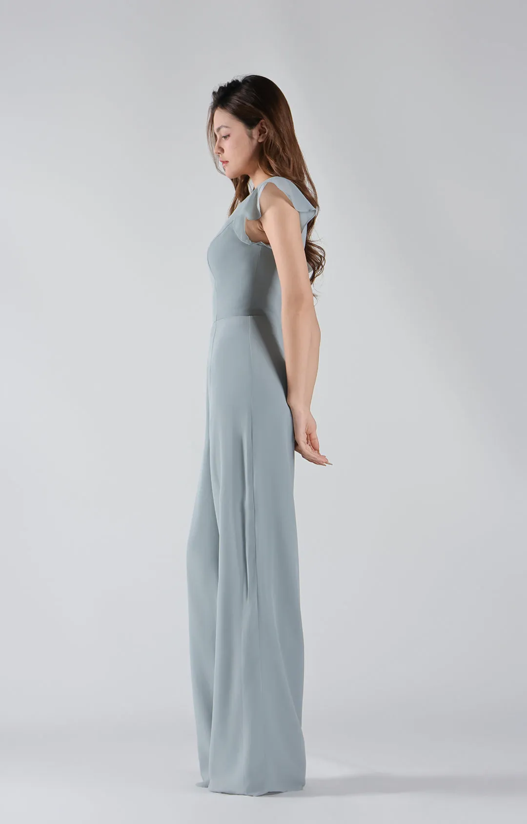 V-Neck Flutter Sleeves Wide-Leg Chiffon Jumpsuit