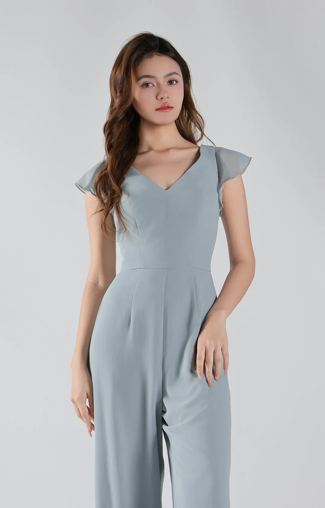 V-Neck Flutter Sleeves Wide-Leg Chiffon Jumpsuit