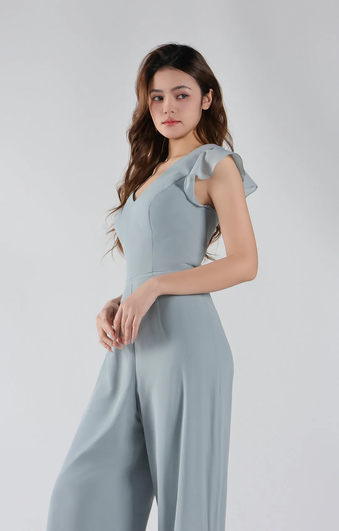 V-Neck Flutter Sleeves Wide-Leg Chiffon Jumpsuit