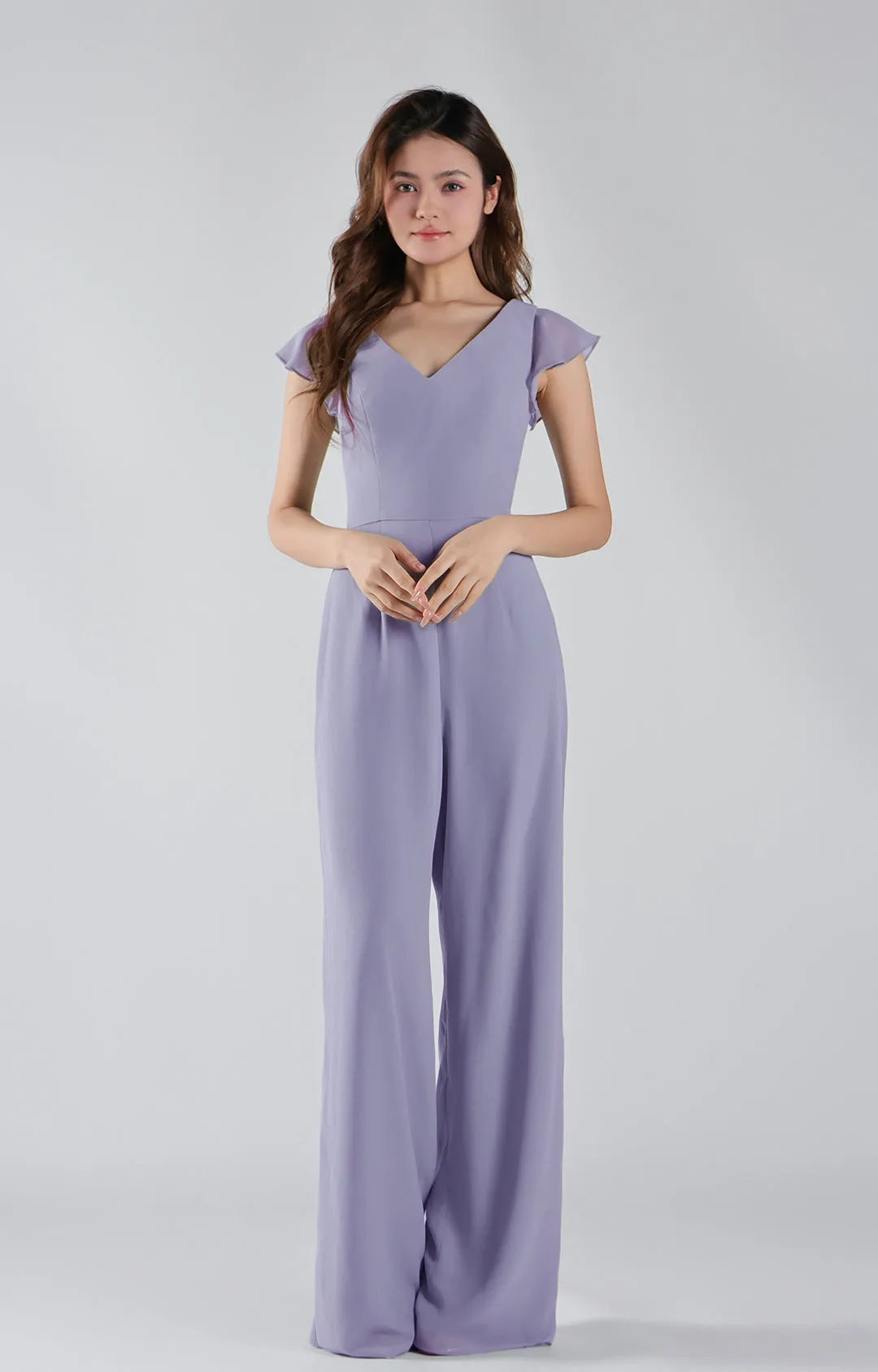 V-Neck Flutter Sleeves Wide-Leg Chiffon Jumpsuit