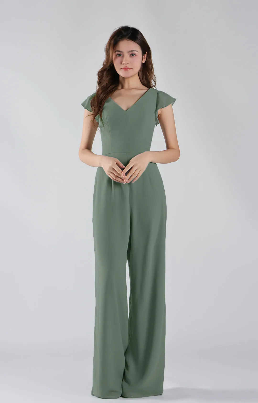 V-Neck Flutter Sleeves Wide-Leg Chiffon Jumpsuit