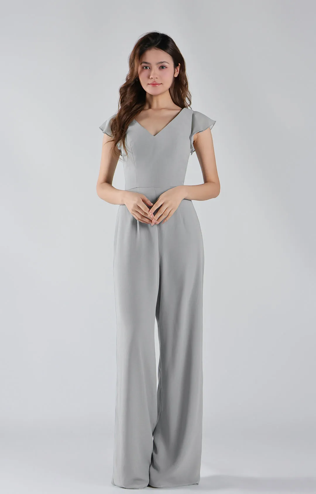 V-Neck Flutter Sleeves Wide-Leg Chiffon Jumpsuit