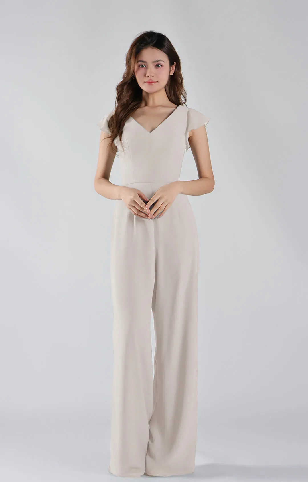V-Neck Flutter Sleeves Wide-Leg Chiffon Jumpsuit