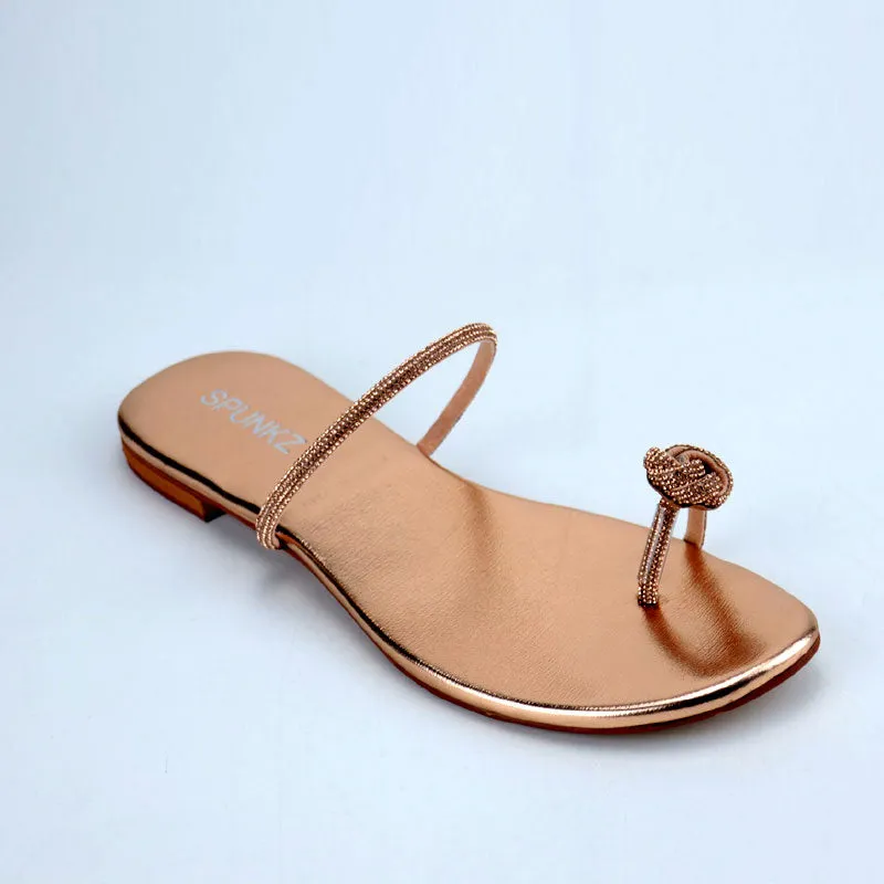 Versatile Rose Gold Rhinestones Flower Bow Strap Toe Ring Trendy Flats