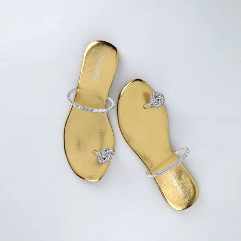 Versatile Rose Gold Rhinestones Flower Bow Strap Toe Ring Trendy Flats