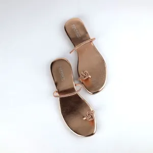 Versatile Rose Gold Rhinestones Flower Bow Strap Toe Ring Trendy Flats