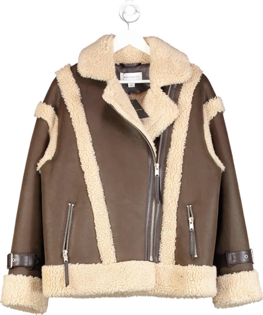 Warehouse Brown Wool Lined Shearling Biker Jacket UK 12