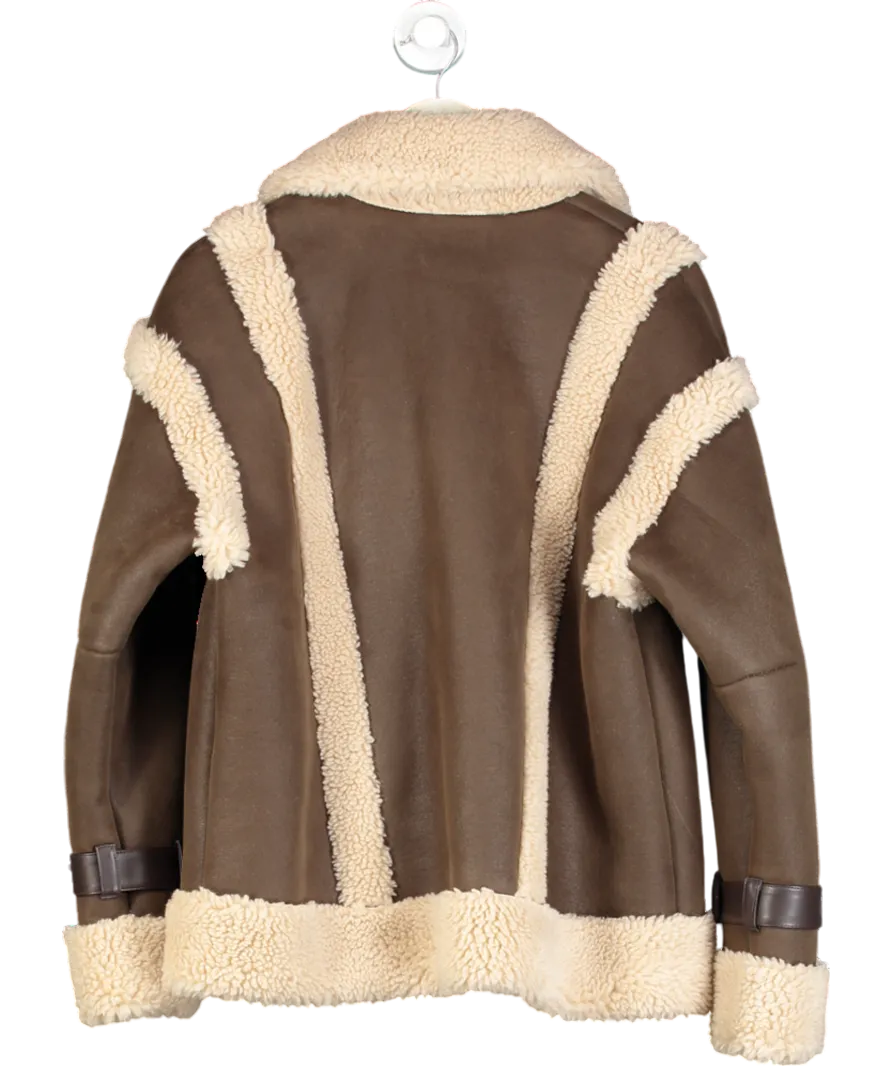 Warehouse Brown Wool Lined Shearling Biker Jacket UK 12