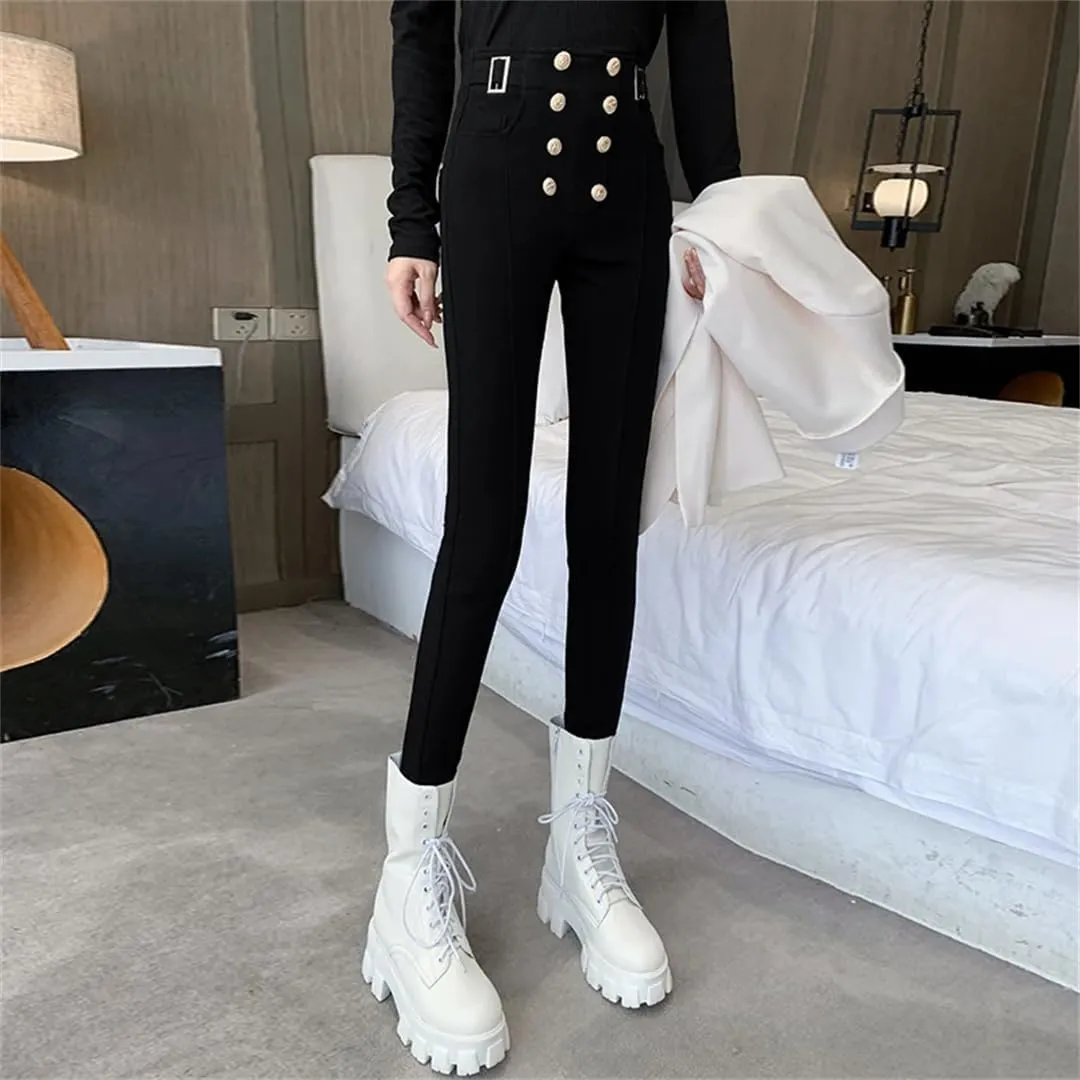 Women Straight Double Breasted Elastic High Waist Trouser Elegant Pants