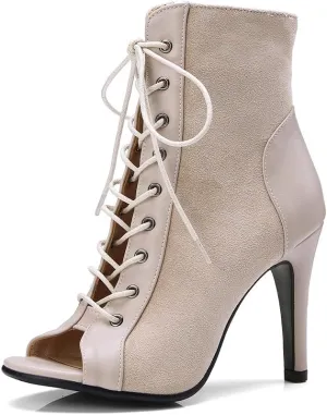 YKXLM Ballroom Dance Boots Women Latin Salsa Peep Toe Lace-up Ankle Dance Shoes,B53,3 inch Heel,Beige,7 US