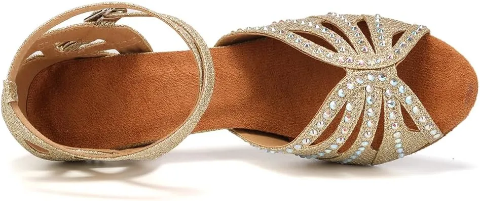 YKXLM Latin Ballroom Dance Shoes Women Rhinestone Salsa Dance Shoes 3 Inch Heel Suede Sole
