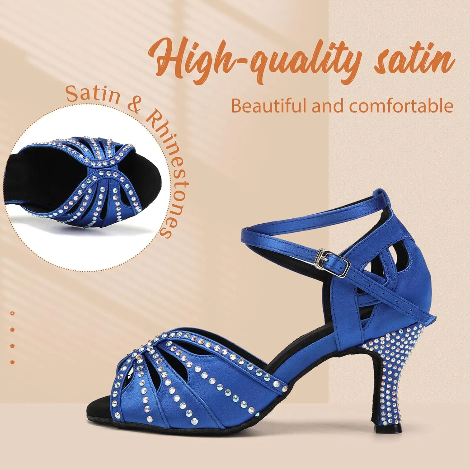 YKXLM Latin Ballroom Dance Shoes Women Rhinestone Salsa Dance Shoes 3 Inch Heel Suede Sole