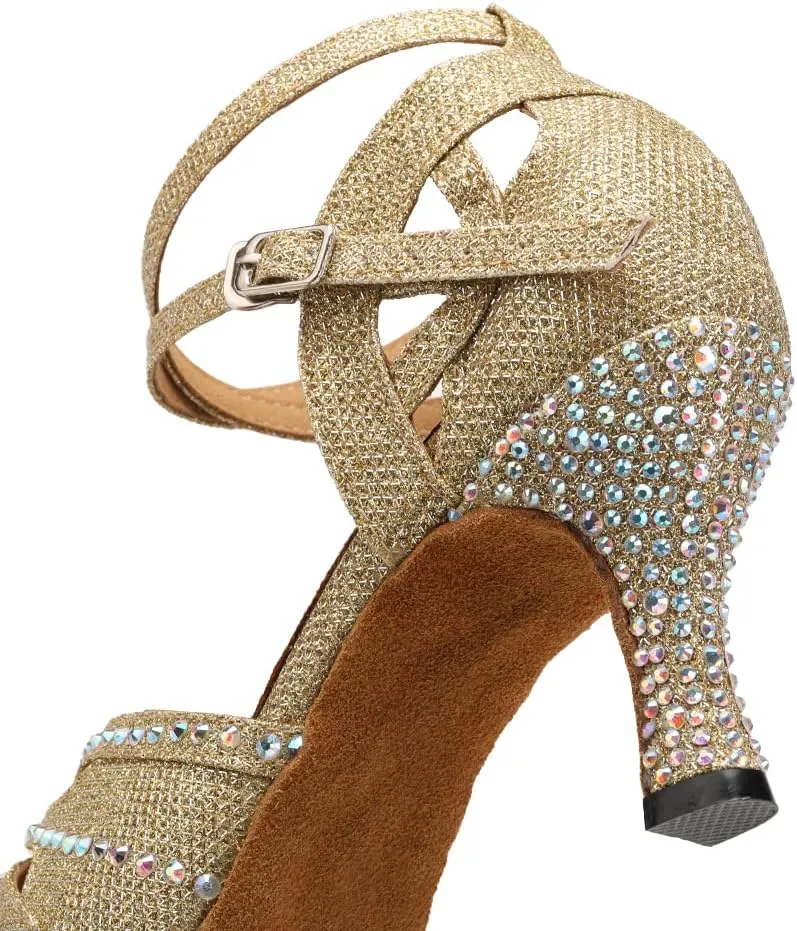 YKXLM Latin Ballroom Dance Shoes Women Rhinestone Salsa Dance Shoes 3 Inch Heel Suede Sole