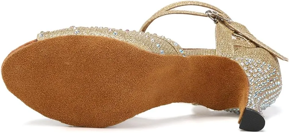YKXLM Latin Ballroom Dance Shoes Women Rhinestone Salsa Dance Shoes 3 Inch Heel Suede Sole