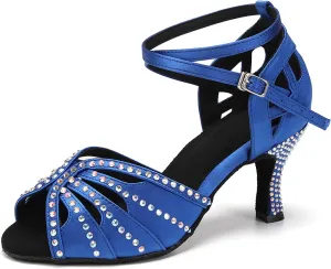 YKXLM Latin Ballroom Dance Shoes Women Rhinestone Salsa Dance Shoes 3 Inch Heel Suede Sole