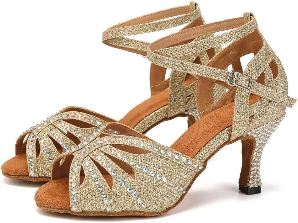 YKXLM Latin Ballroom Dance Shoes Women Rhinestone Salsa Dance Shoes 3 Inch Heel Suede Sole