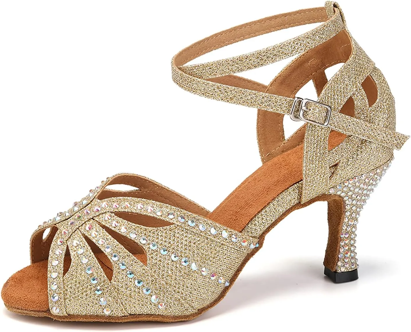 YKXLM Latin Ballroom Dance Shoes Women Rhinestone Salsa Dance Shoes 3 Inch Heel Suede Sole