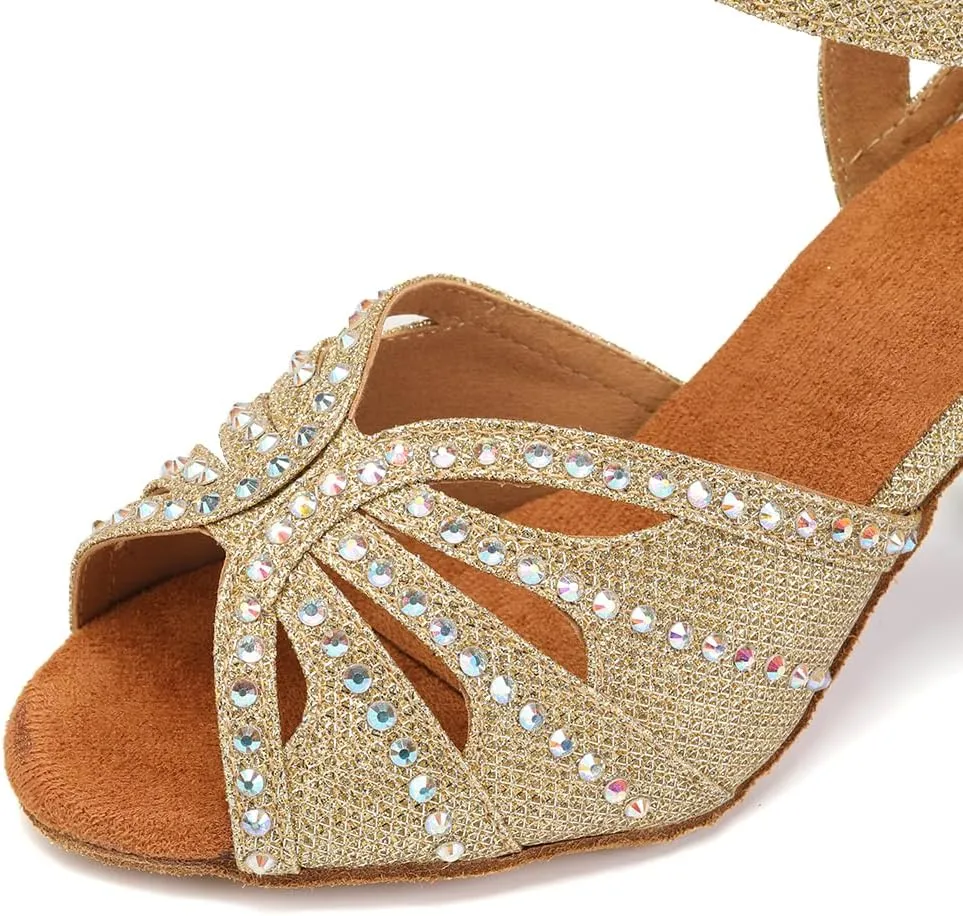 YKXLM Latin Ballroom Dance Shoes Women Rhinestone Salsa Dance Shoes 3 Inch Heel Suede Sole