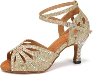 YKXLM Latin Ballroom Dance Shoes Women Rhinestone Salsa Dance Shoes 3 Inch Heel Suede Sole