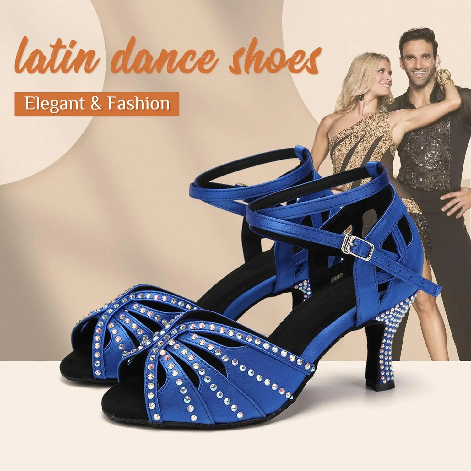 YKXLM Latin Ballroom Dance Shoes Women Rhinestone Salsa Dance Shoes 3 Inch Heel Suede Sole