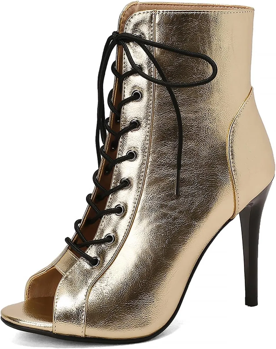 YKXLM Latin Dance Boots Salsa Women Ballroom Lace-up Ankle Open Toe Dance Shoes,9676-1,Gold,6.5US