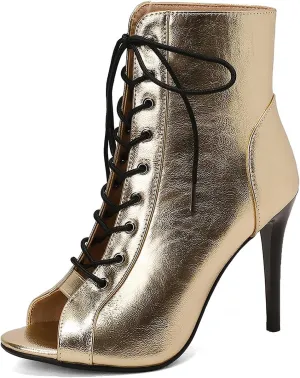 YKXLM Latin Dance Boots Salsa Women Ballroom Lace-up Ankle Open Toe Dance Shoes,9676-1,Gold,6.5US