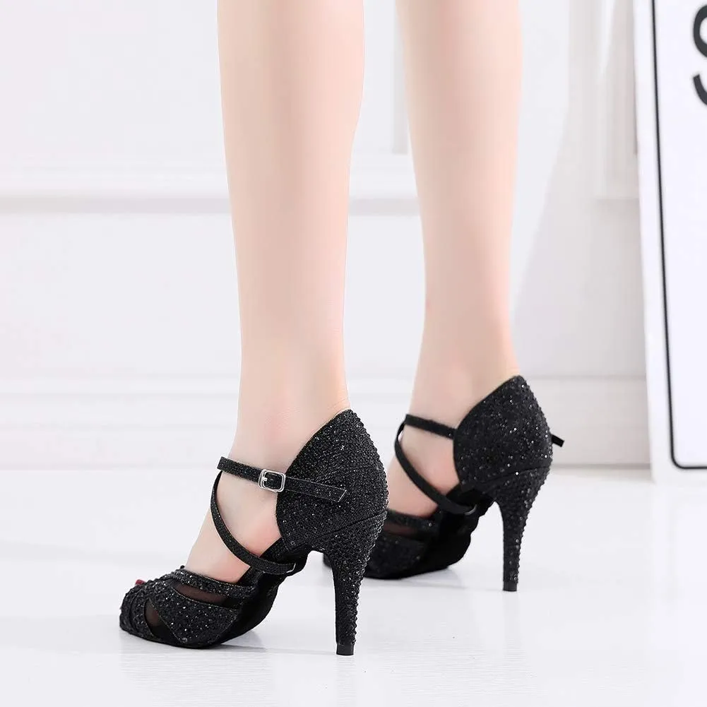 YKXLM Women Latin Dance Shoes Open Toe Rhinestone Glitter Crossing Strap Ballroom Dancing Shoes,1025
