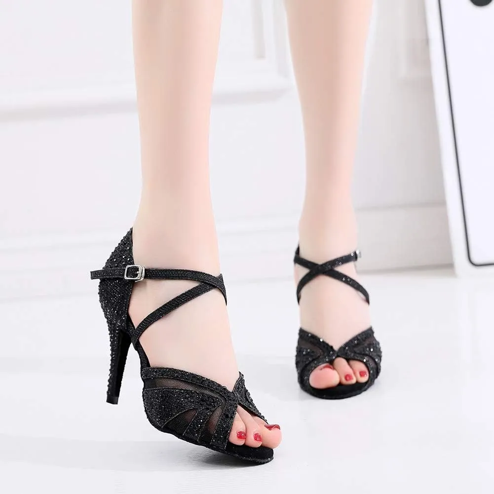 YKXLM Women Latin Dance Shoes Open Toe Rhinestone Glitter Crossing Strap Ballroom Dancing Shoes,1025