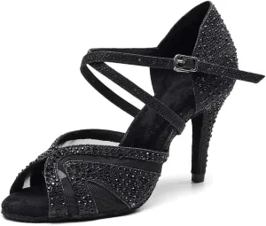 YKXLM Women Latin Dance Shoes Open Toe Rhinestone Glitter Crossing Strap Ballroom Dancing Shoes,1025