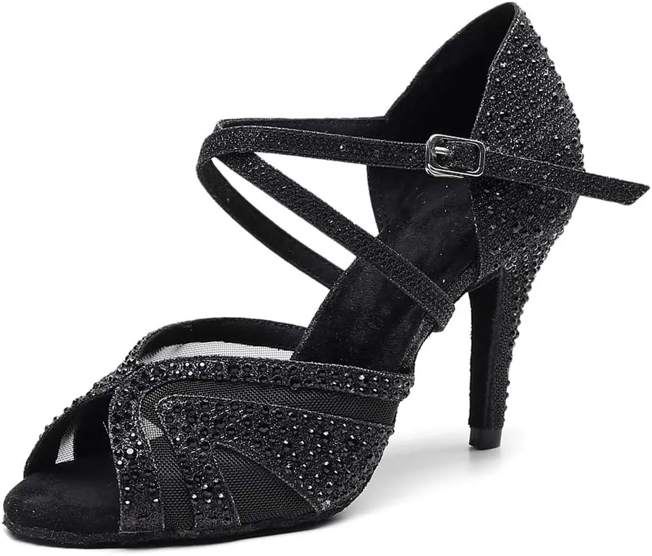 YKXLM Women Latin Dance Shoes Open Toe Rhinestone Glitter Crossing Strap Ballroom Dancing Shoes,1025