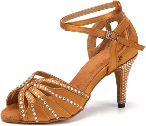 YKXLM Women Rhinestone Ballroom Dance Shoes Latin Performance Dance Shoes Women Suede Sole,L162,3 1/3 inches Heel,Brown,7 US