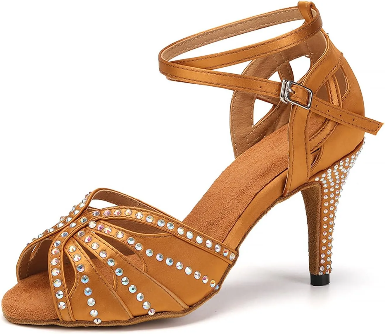 YKXLM Women Rhinestone Ballroom Dance Shoes Latin Performance Dance Shoes Women Suede Sole,L162,3 1/3 inches Heel,Brown,7 US