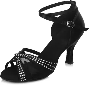 YKXLM Women Rhinestone Ballroom Dance Shoes Latin Performance Dance Shoes Women Suede Sole,L165,2 1/3 inches Heel,Black,6US