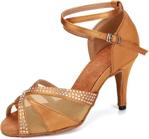 YKXLM Women Rhinestone Ballroom Dance Shoes Latin Performance Dance Shoes Women Suede Sole,L165,3 1/3 inches Heel,Brown,7.5US