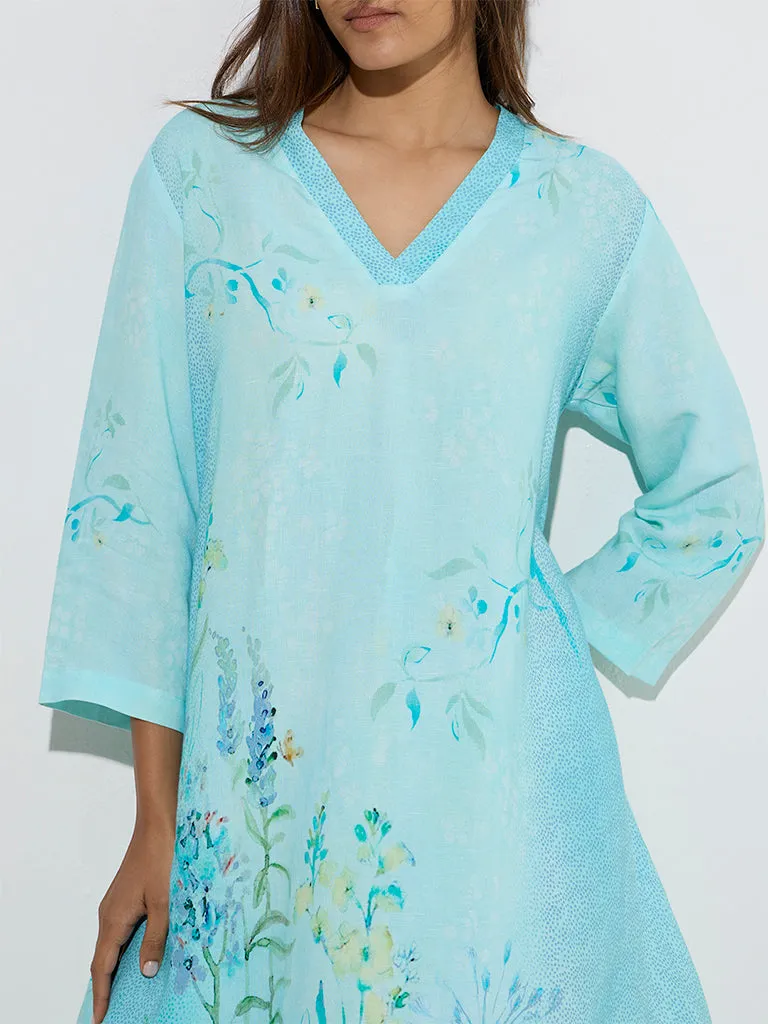 Zuba Blue Floral Design A-Line Kurta