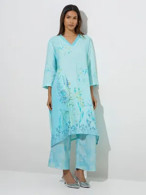Zuba Blue Floral Design A-Line Kurta